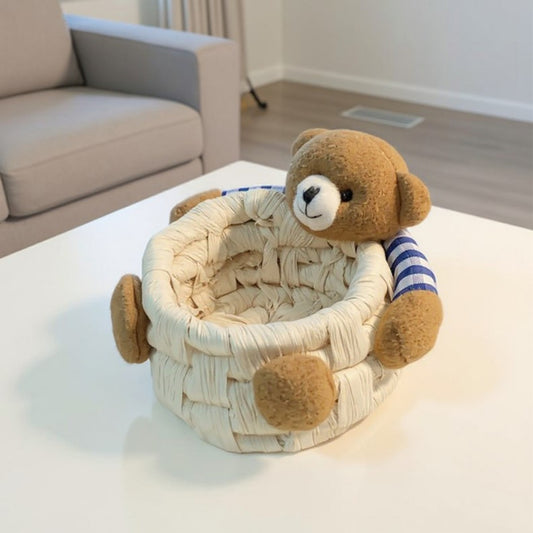 Woven Storage Basket with Plush Bear Accent and Handcrafted Design