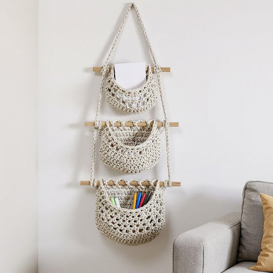 3-Tier Woven Hanging Storage Baskets with Wooden Rods and Rope Hanger