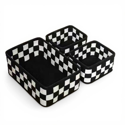 3-Piece Checkerboard Storage Basket Set with Soft Fabric and Modern Geometric Design
