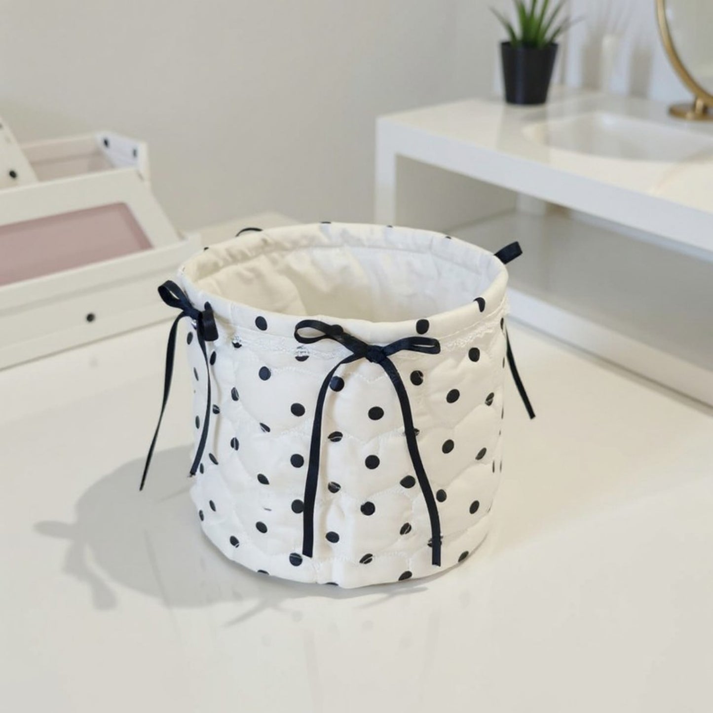 Quilted Polka Dot Storage Basket with Bow Accent and Soft Fabric Design