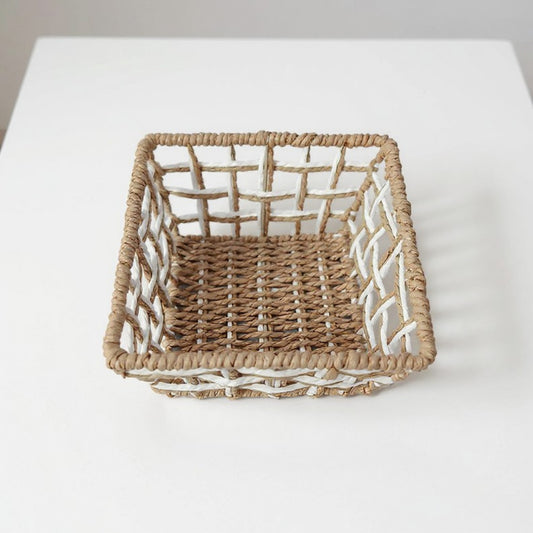 Open Weave Rattan Storage Basket with Reinforced Frame and Two-Tone Design