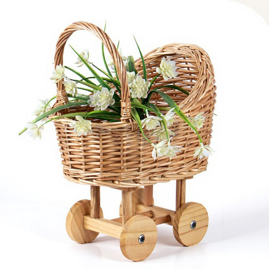 Wicker Toy Baby Stroller Basket with Wooden Wheels and Handle