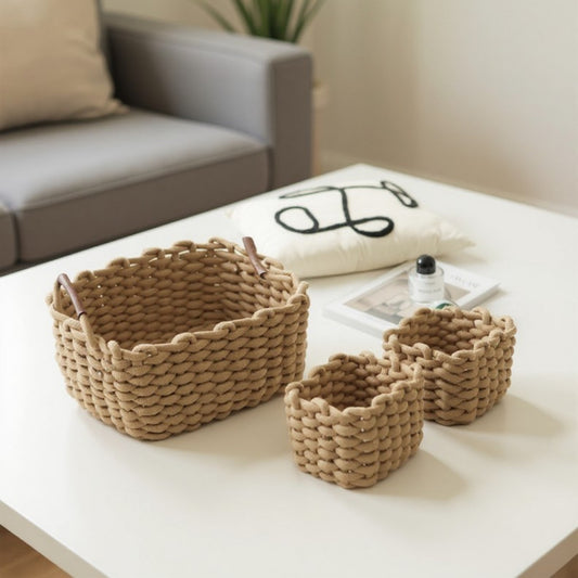 Set of 3 Braided Rope Storage Baskets with Reinforced Handles