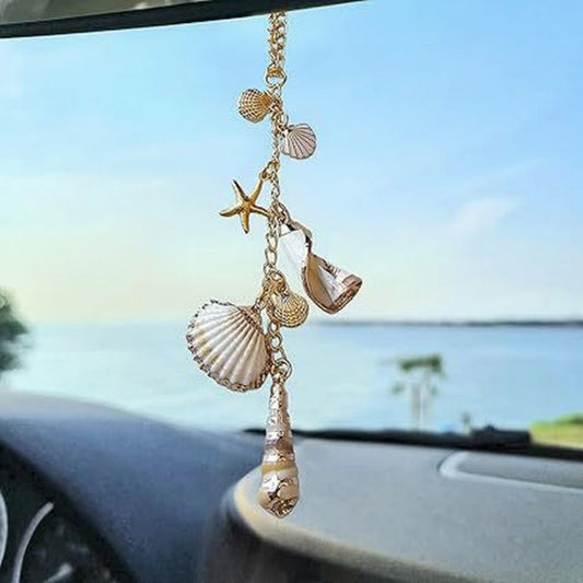Gold Tone Seashell and Starfish Charm Keychain with Nautical Accents