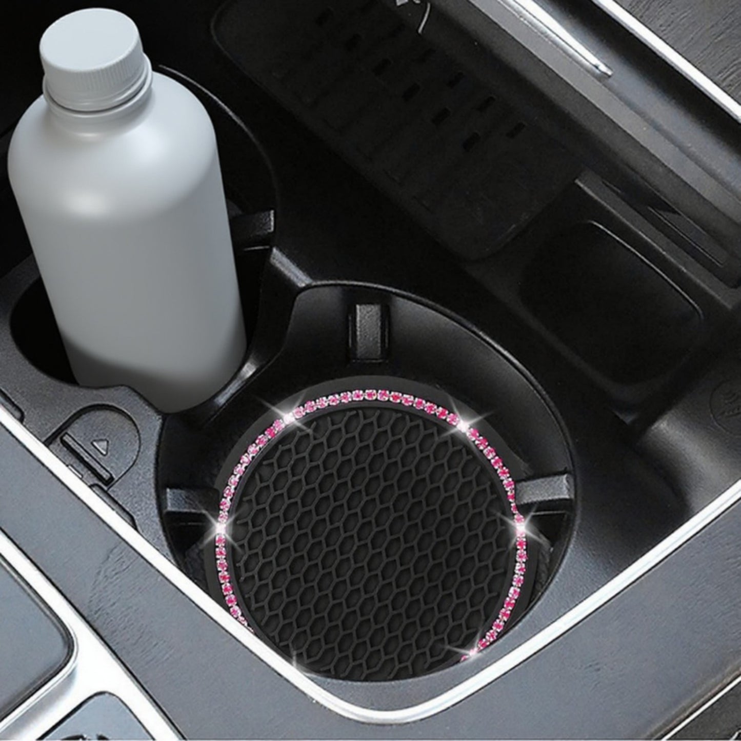 2-Piece Round Rhinestone Car Cup Holder Coaster with Non-Slip Textured Surface