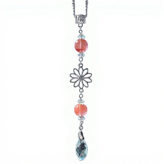 Crystal Bead Car Mirror Charm with Silver Daisy and Teardrop Pendant