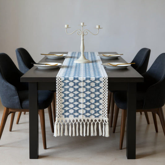 Geometric Woven Table Runner with Tassel Fringe Edges