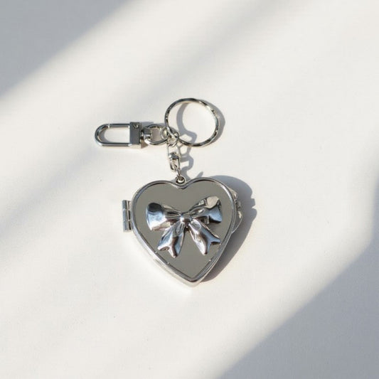 Silver Heart Locket Keychain with 3D Bow Detail and Clasp Ring