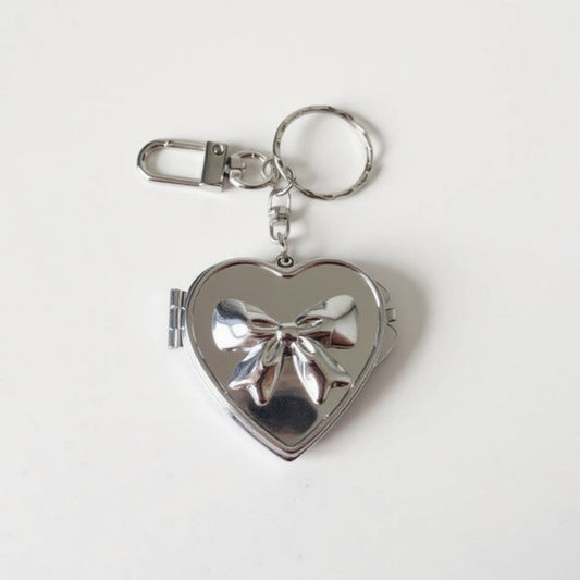 Silver Heart Locket Keychain with 3D Bow Detail and Clasp Ring