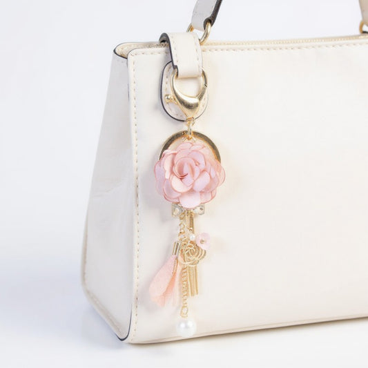 Pink Flower Tassel Keychain with Pearl Accent and Gold Metal Details