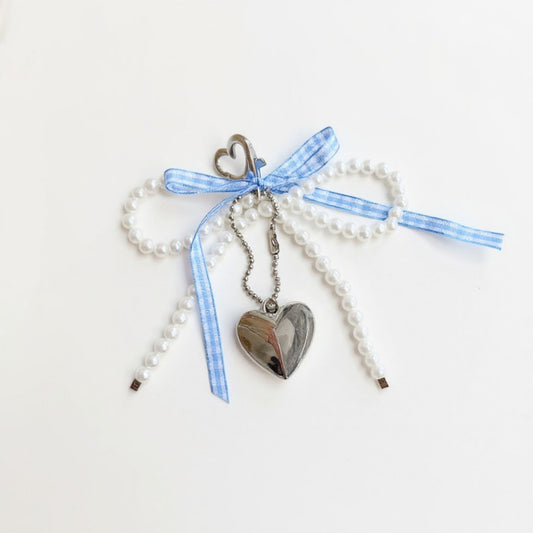 Ribbon Pearl Bow Keychain with Silver Heart Charm and Gingham Accent