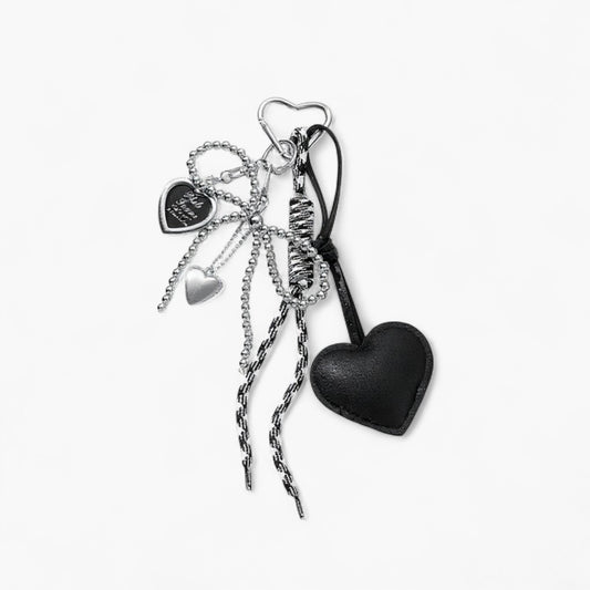 Heart Charm Keychain with Silver Chain Details and Bow Accent