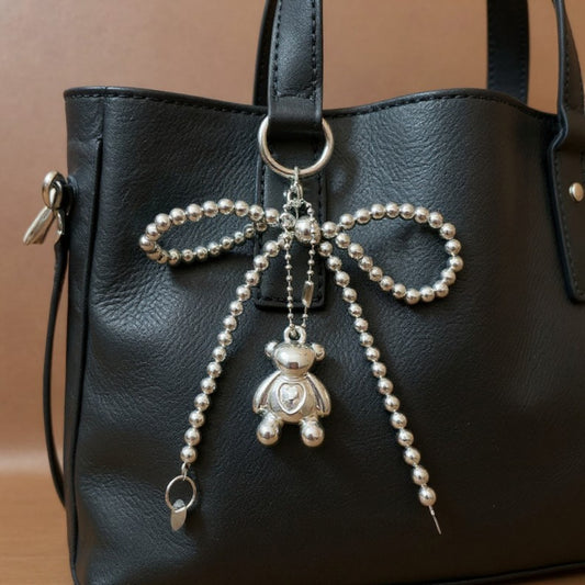 Metallic Beaded Bow Keychain with Crystal Bear Charm and Ring Accent