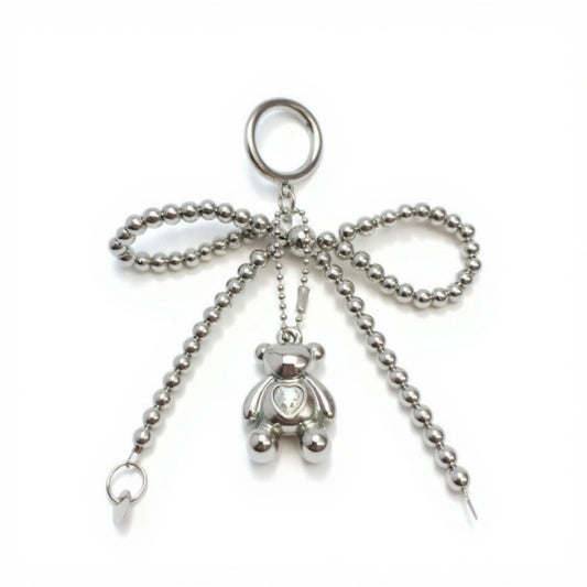 Metallic Beaded Bow Keychain with Crystal Bear Charm and Ring Accent
