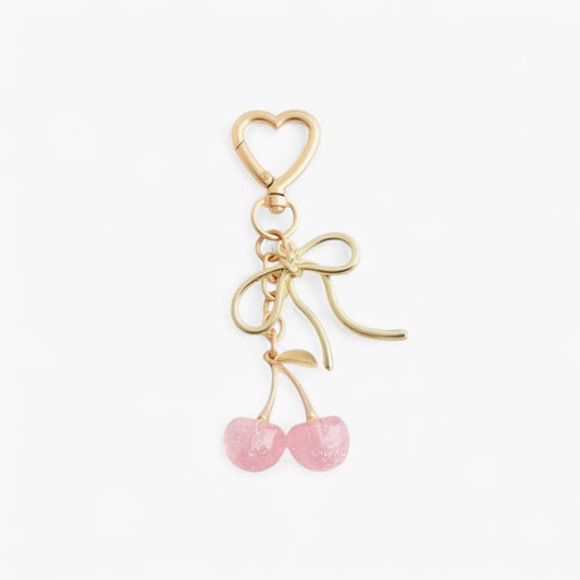 Gold Bow Keychain with Pink Cherry Charms and Heart Clasp