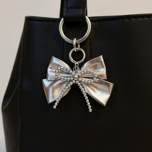 Metallic Bow Charm Keychain with Silver Beaded Detailing