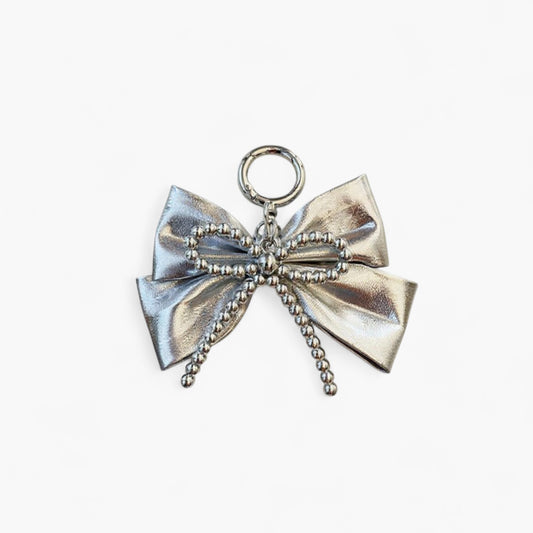 Metallic Bow Charm Keychain with Silver Beaded Detailing
