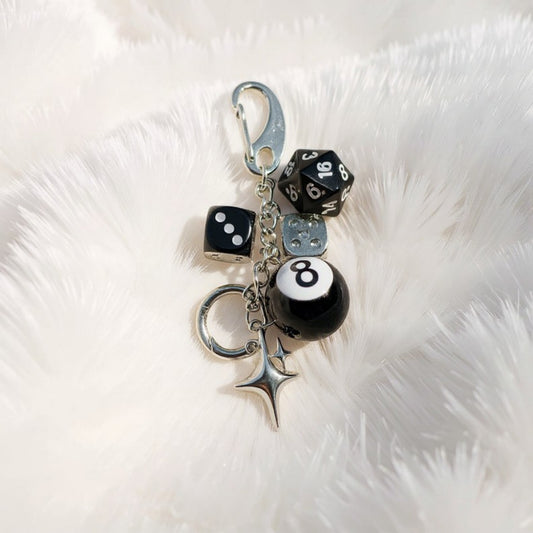Dice and 8-Ball Charm Keychain with Star Pendant
