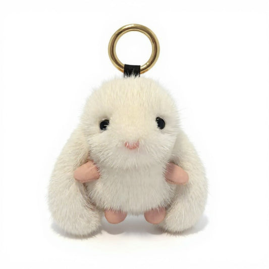 Plush Bunny Keychain with Soft Faux Fur and Gold Ring Attachment
