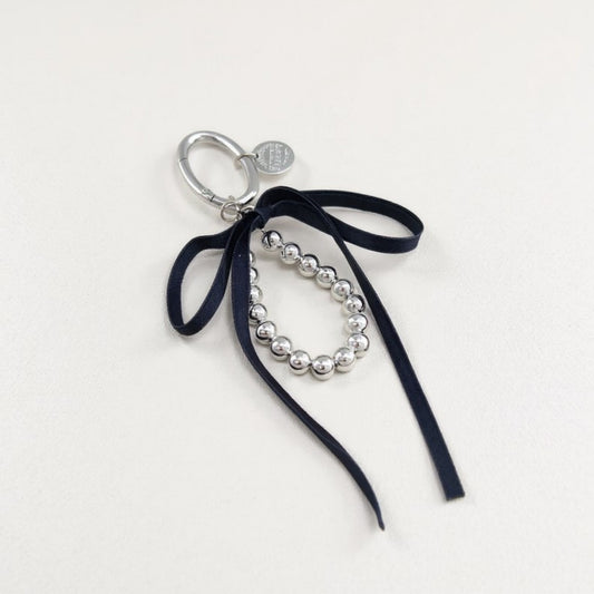 Silver Bead Charm Keychain with Velvet Ribbon Bow