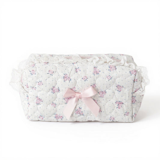Quilted Floral Lace Makeup Bag with Bow Accent and Gingham Lining 7.3x4x3 in
