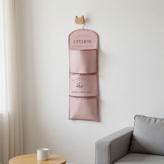 3-Pocket Hanging Wall Organizer with Printed Design and Metal Hook