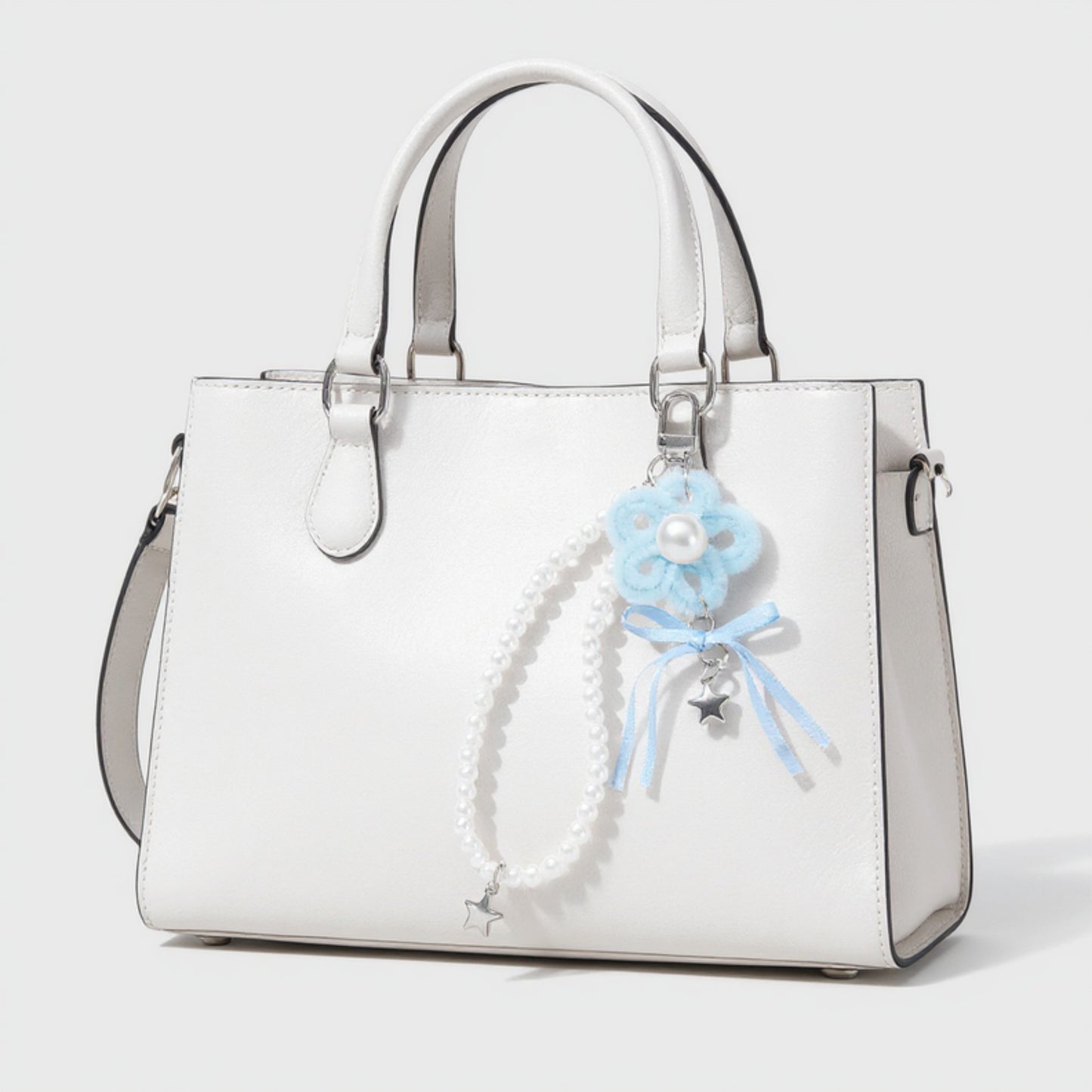 Pearl Beaded Keychain with Ribbon Bow and Star Charms
