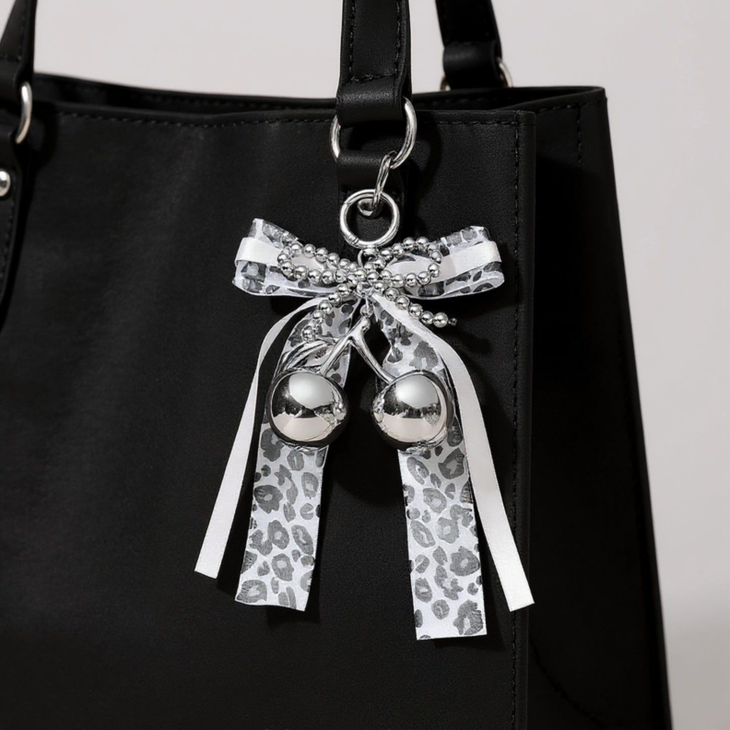 Leopard Print Ribbon Keychain with Pearl Bow and Cherry Charms
