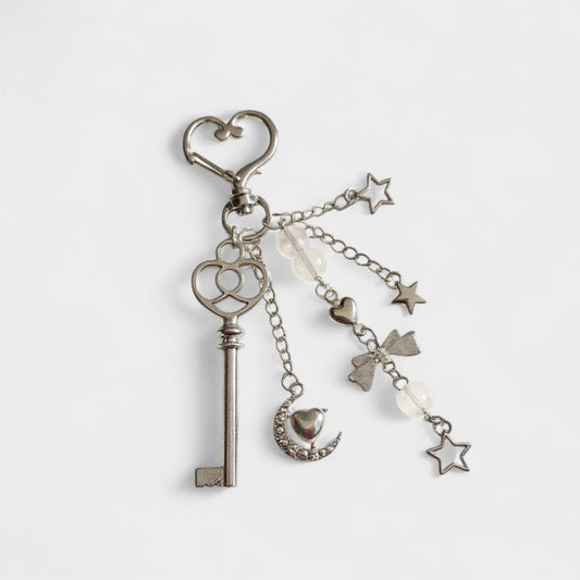Silver Heart Keychain with Moon, Star, and Bow Charms