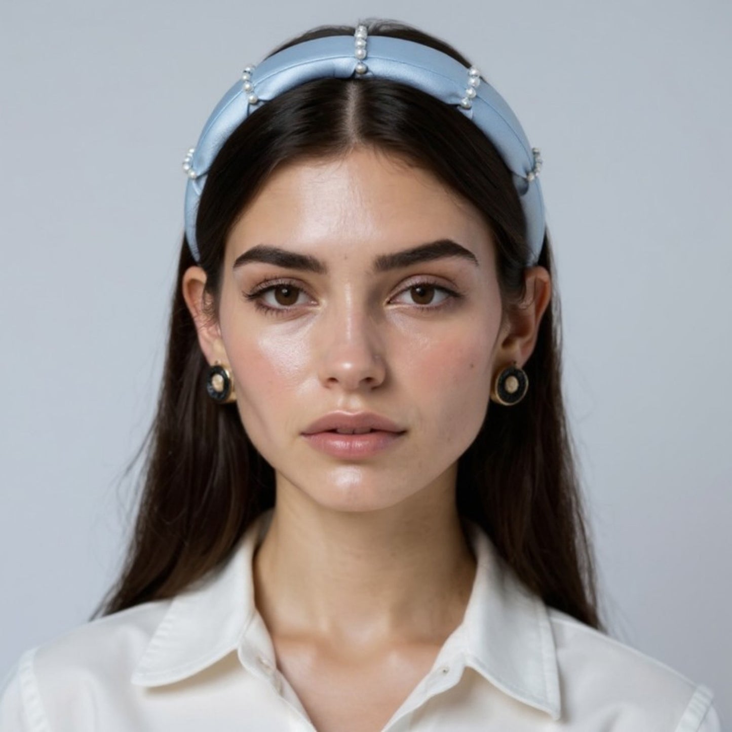 Padded Satin Headband with Pearl and Crystal Bead Embellishments 6.3x4.7x1.2in