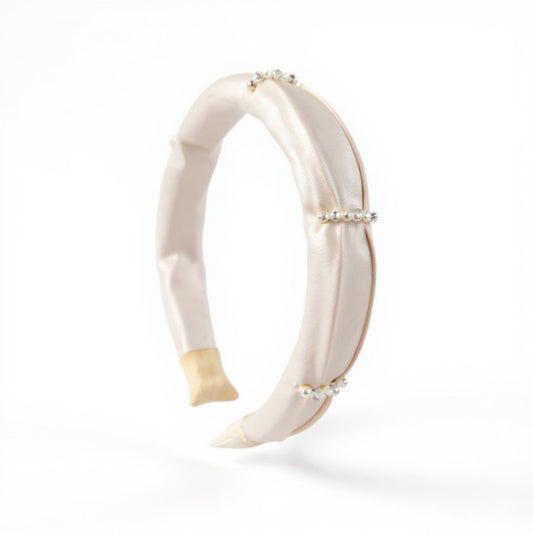 Padded Satin Headband with Pearl and Crystal Bead Embellishments 6.3x4.7x1.2in