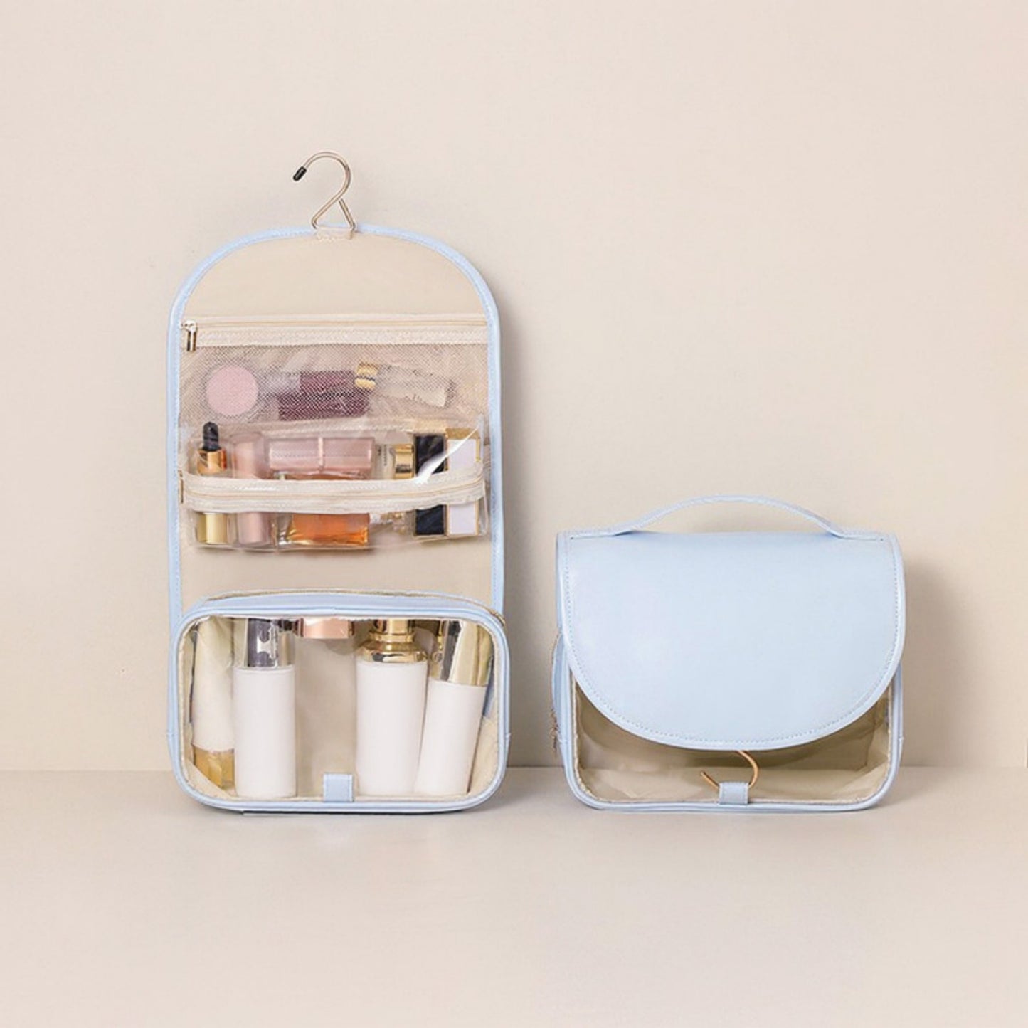 Hanging Toiletry Bag with Multi-Pocket Organizer and Foldable Carry Handle