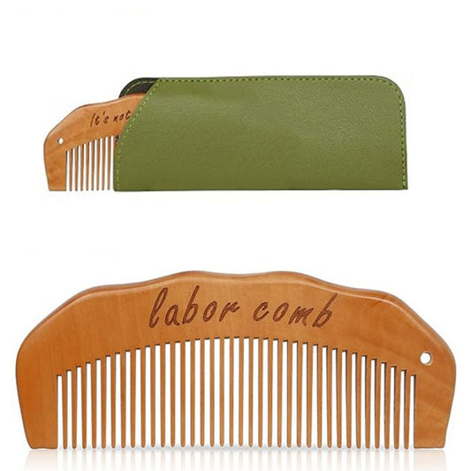 Wooden Labor Comb Set with Smooth Wide-Fine Teeth, Engraved Comfort Grip Design, Storage Case, and Hair Loop Styling Tool