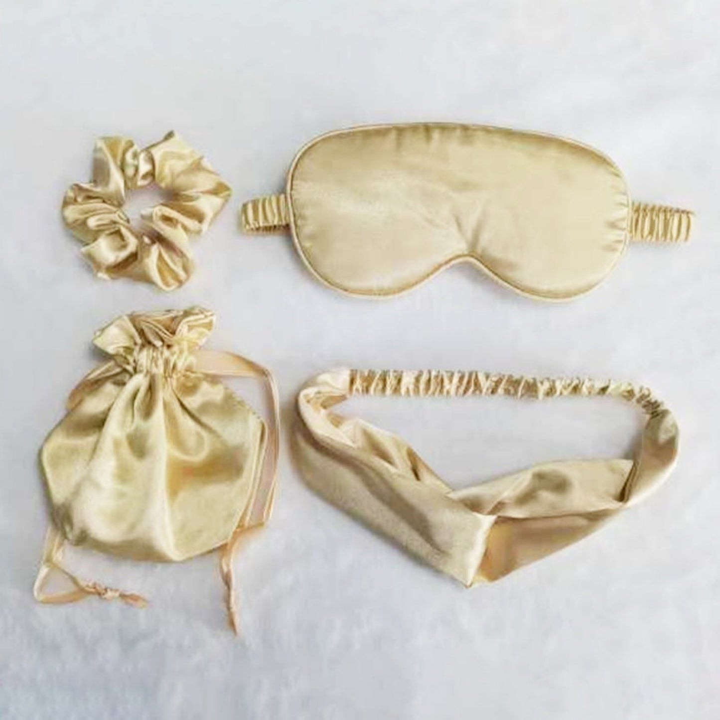 4-Piece Satin Sleep Accessory Set with Eye Mask Headband Scrunchie and Drawstring Storage Pouch