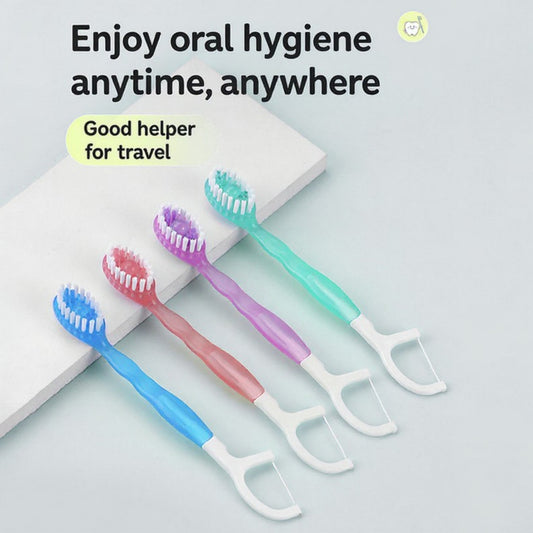 Travel Toothbrush with Flosser Handle 2-in-1 Oral Care Tool Set 1 Box 12 Pieces