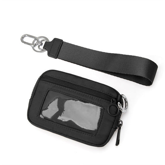 Zippered Wristlet Key Pouch with Clear ID Window Compact Card Holder and Detachable Strap