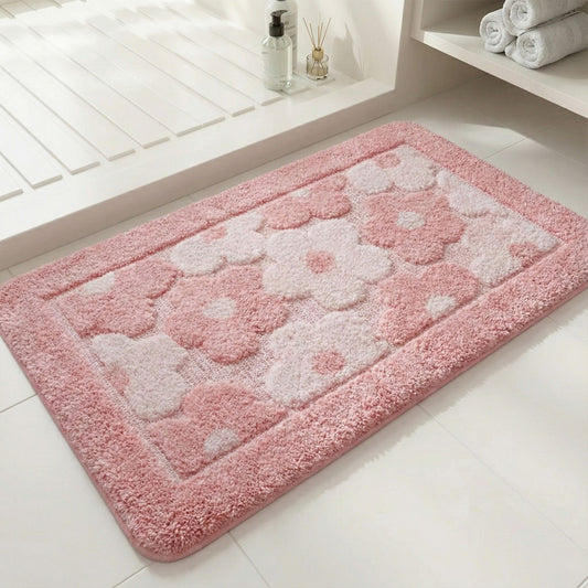 Plush Absorbent Bathroom Floor Mat with Floral Pattern Soft Textured Bath Rug for Tub Shower and Sink Areas