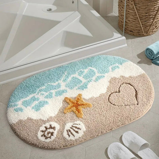 Beach Inspired Tufted Bathroom Bath Mats Set with Seashell Starfish Pattern Soft Plush Texture 2 Piece Set
