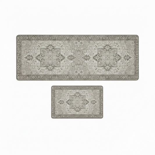 Vintage Inspired Kitchen Runner Rugs Set with Distressed Medallion Pattern Non Slip Backing 2 Piece Set