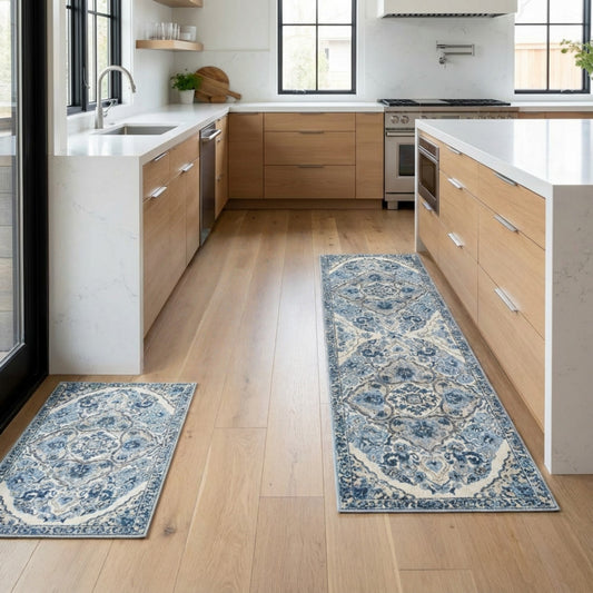 Vintage Inspired Kitchen Runner Rugs Set with Distressed Medallion Pattern Non Slip Backing 2 Piece Set