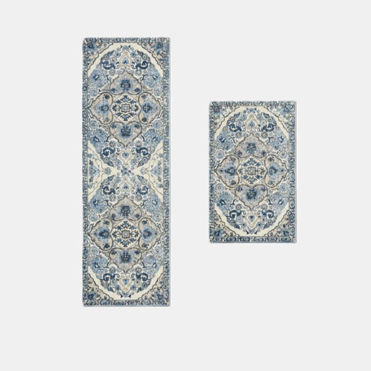 Vintage Inspired Kitchen Runner Rugs Set with Distressed Medallion Pattern Non Slip Backing 2 Piece Set