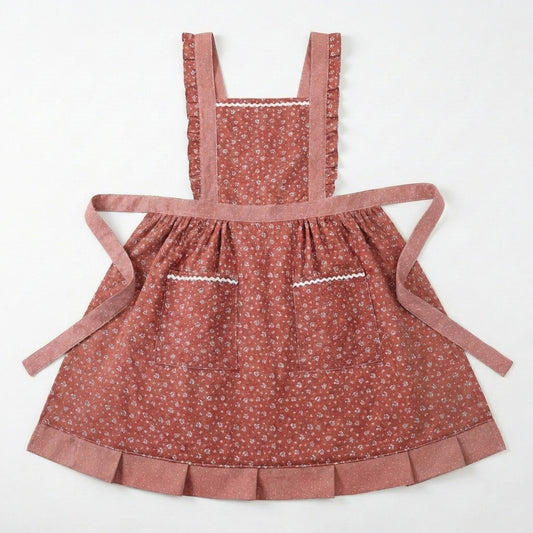 Floral Print Kitchen Apron with Ruffled Trim Adjustable Waist Ties and Front Pockets