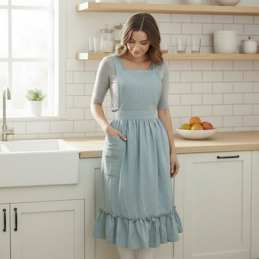 Adjustable Strap Ruffle Hem Apron with Front Pocket and Soft Fabric Design