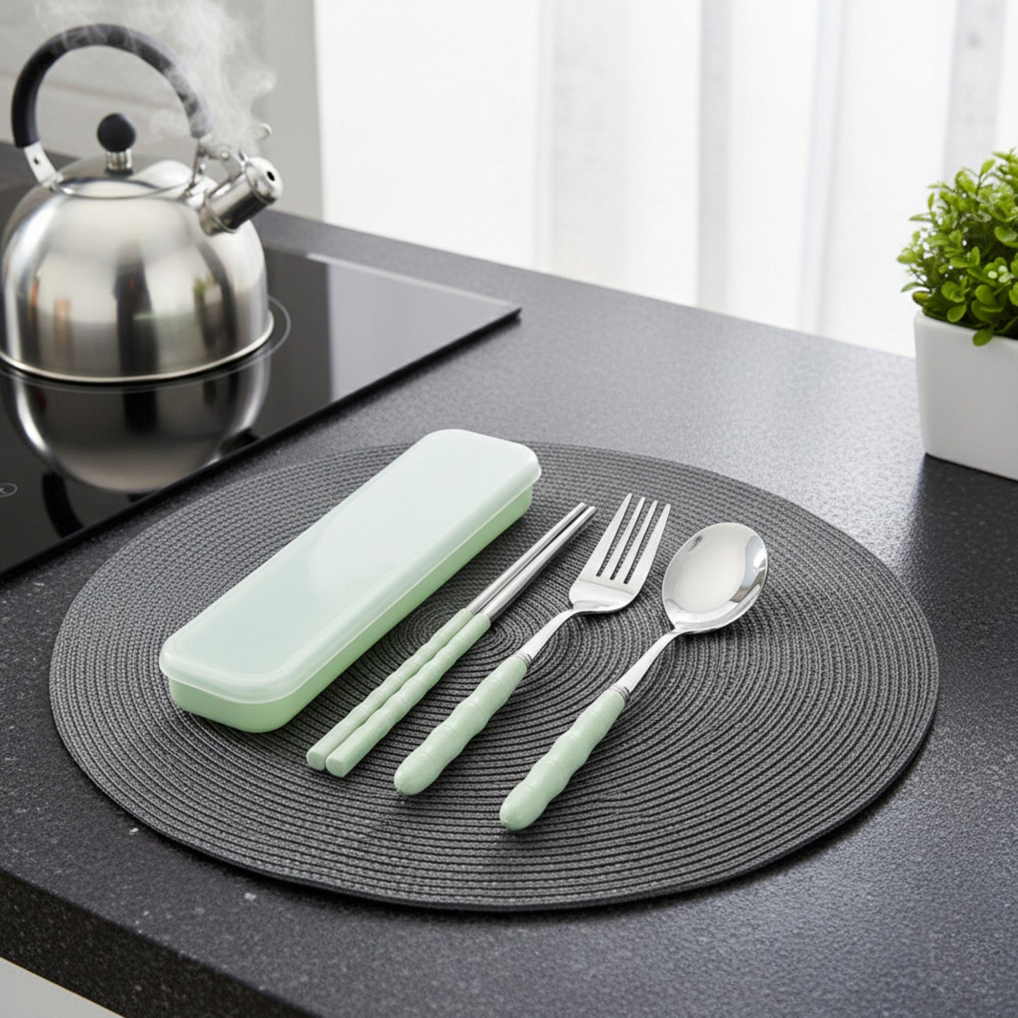 Reusable Travel Cutlery Set with Chopsticks Fork Spoon and Storage Case