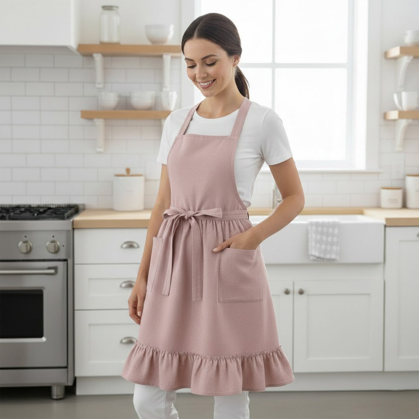Adjustable Cross Back Ruffle Hem Apron with Front Pockets and Soft Fabric Design