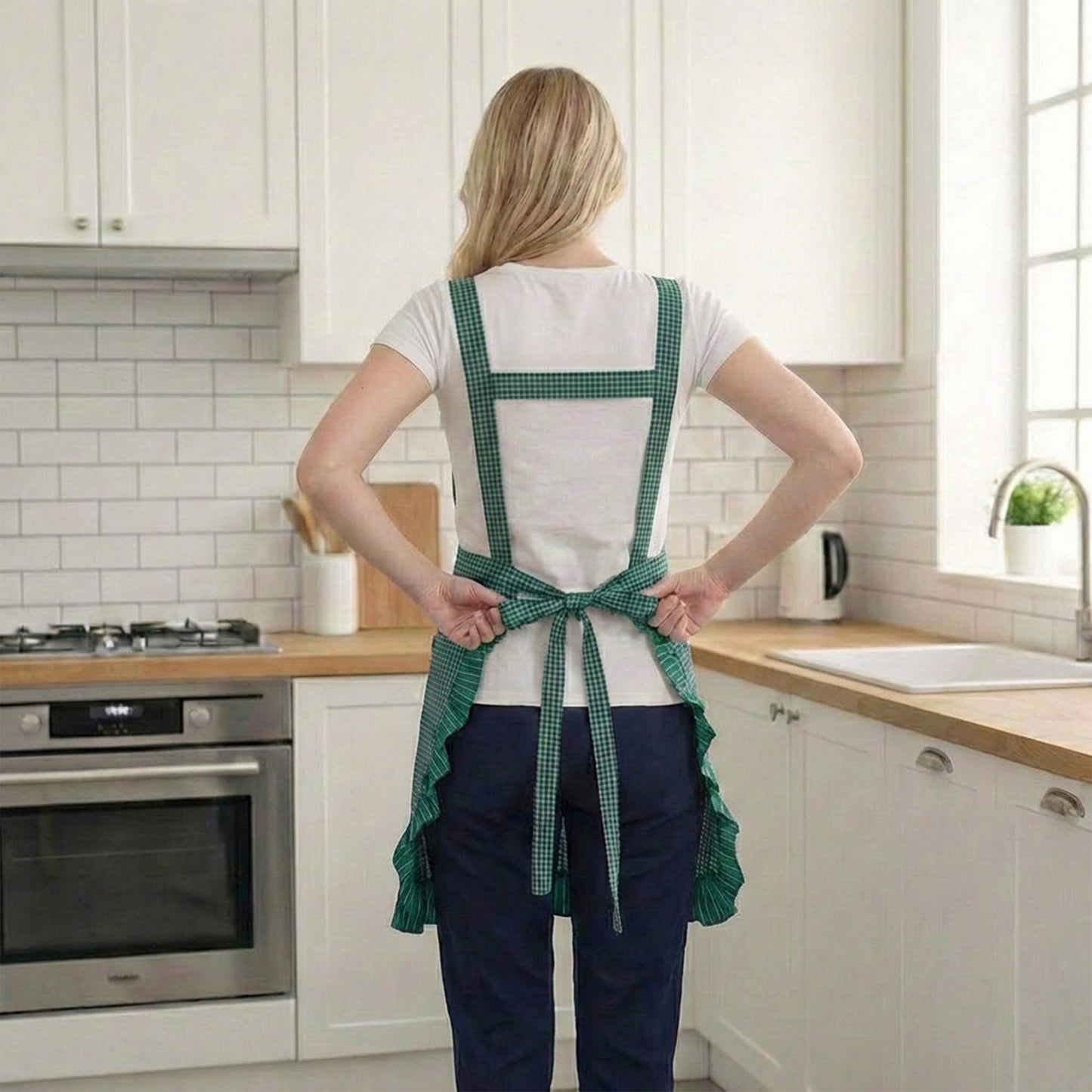 Lace Trim Check and Stripe Kitchen Apron with Ruffle Strap Bib Dual Front Pockets and Adjustable Waist Ties