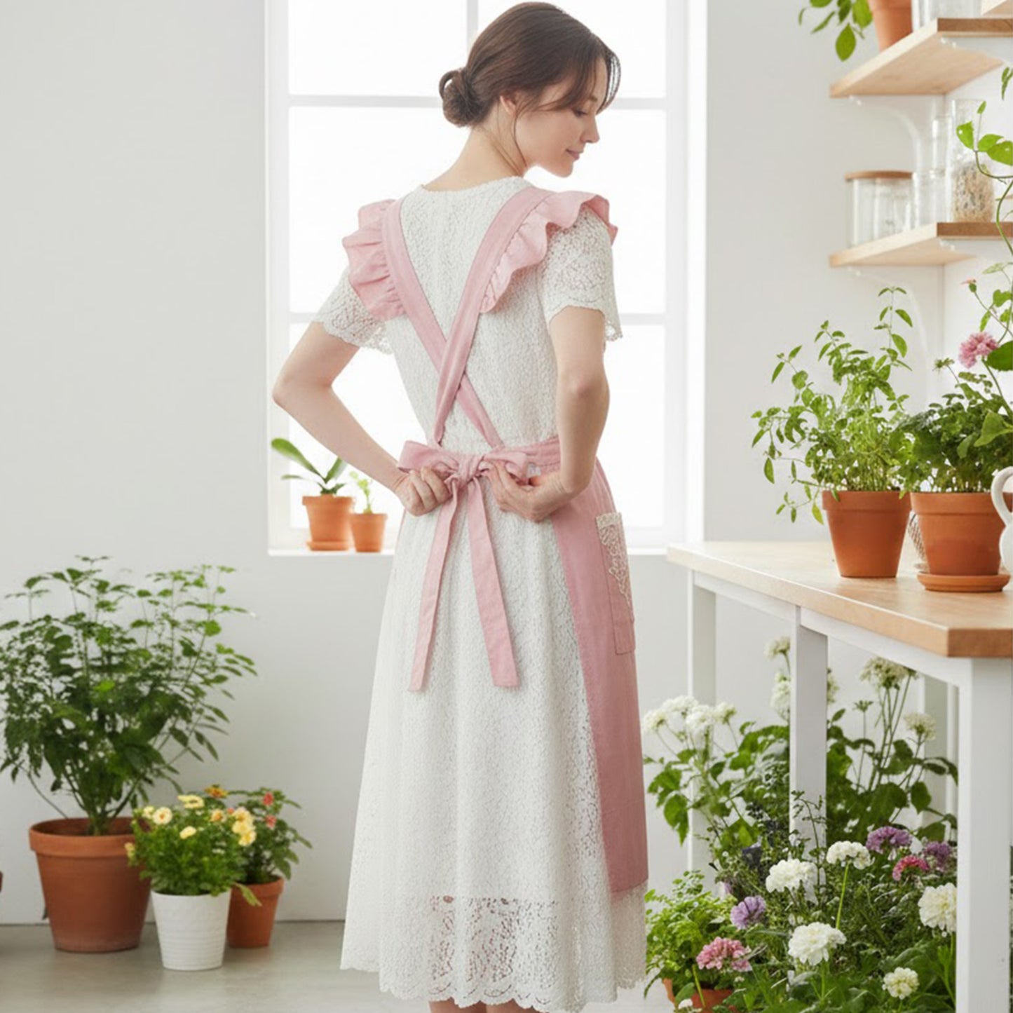 Lace Trim Ruffle Kitchen Apron with Embroidered Bib Detail Dual Front Pockets and Adjustable Waist Ties