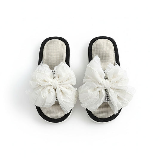 Open Toe Valentine Slide House Slippers with Sheer Bow Upper and Textured Footbed