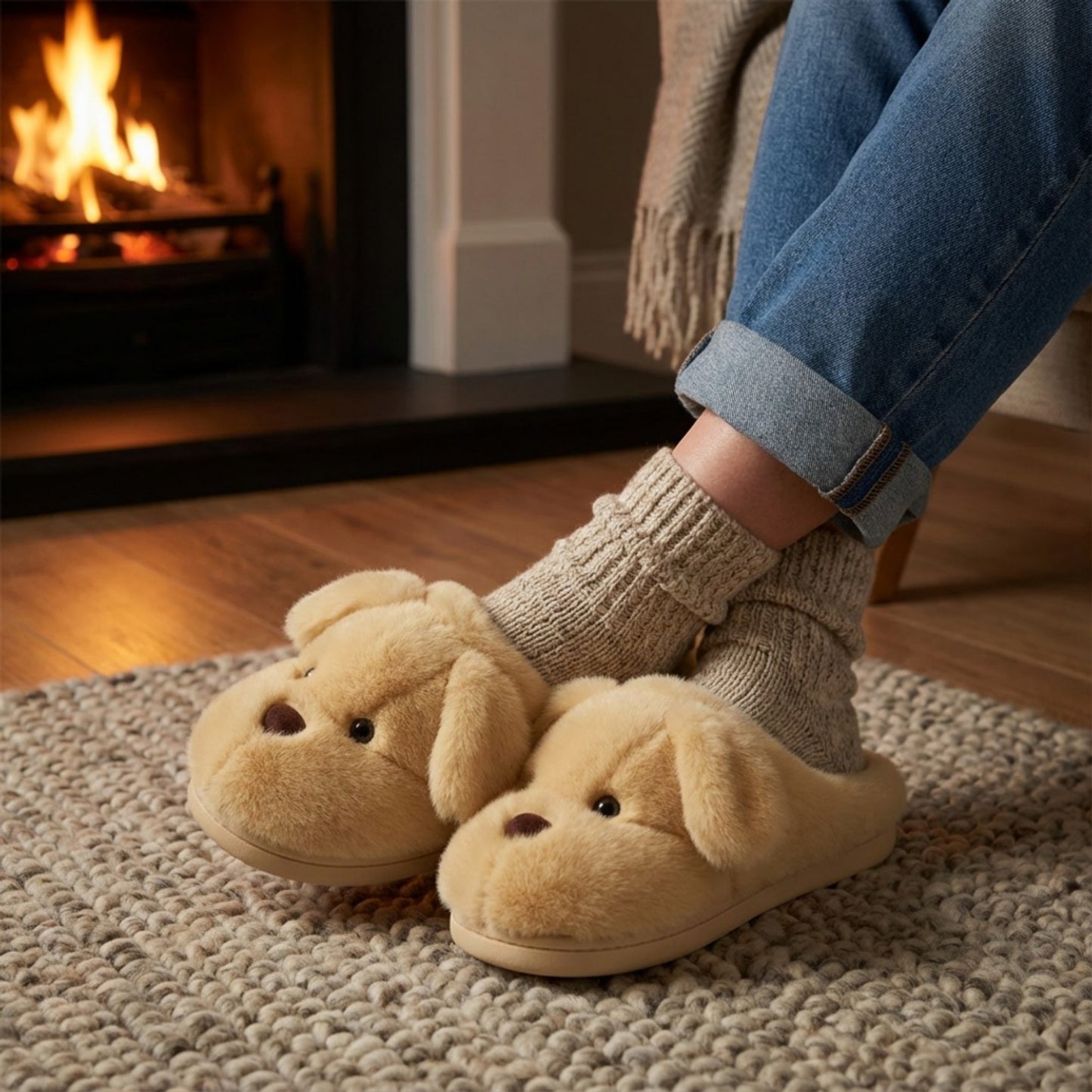 Plush Dog Mule House Slippers with Soft Sculpted Face and Cushioned Sole