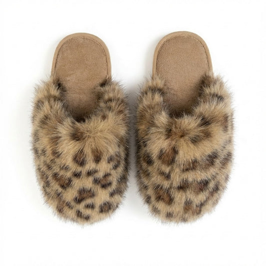 Plush Leopard Print Faux Fur Mule Slippers with Cushioned Footbed